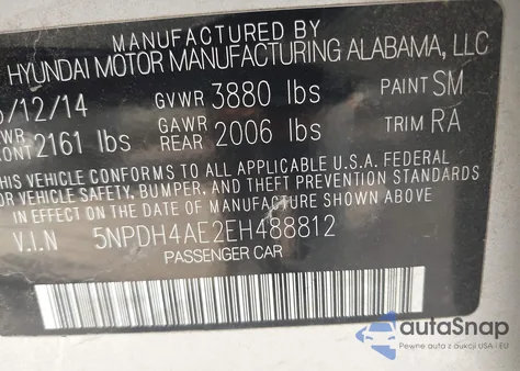 2014 Hyundai Elantra Se/Sport/Limited from USA, damaged, VIN 5NPDH4AE2EH488812